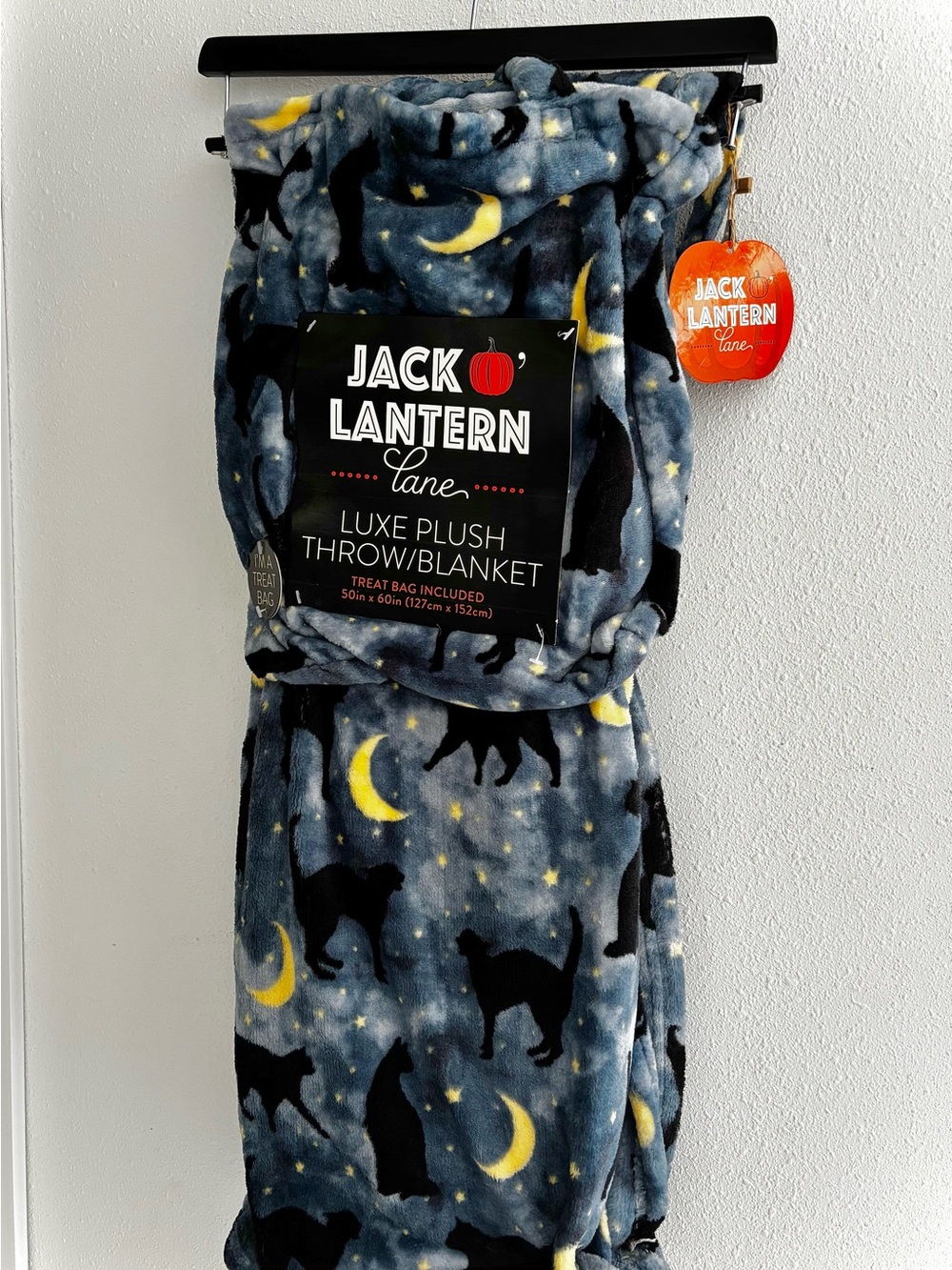 Luxe Plush Throw Blanket - Gray Moon & Cat - including Treats bag- for Halloween